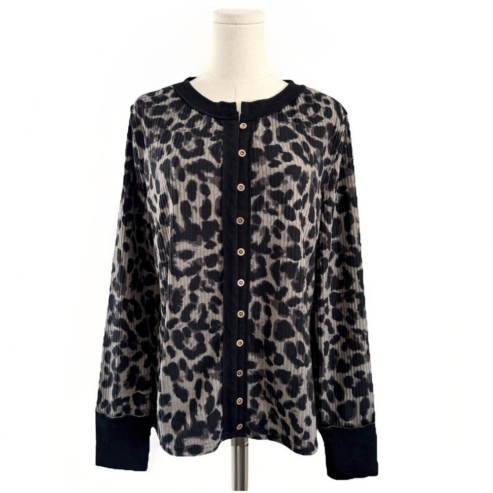 Leopard Print Dark Academia Womens Cardigan Sz‎ M/L Brown Grunge Ribbed Raw Trim